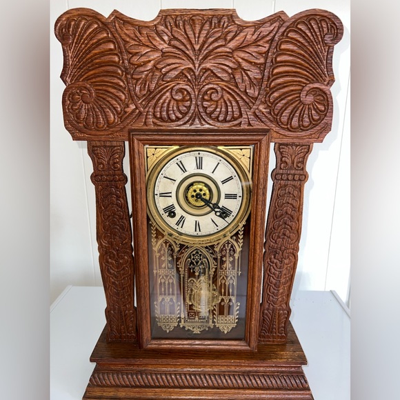 ANTIQUE INGRAHAM OAK AMERICAN GINGERBREAD CLOCK WORKING MANTLE MANTEL WINDUP - Picture 1 of 16